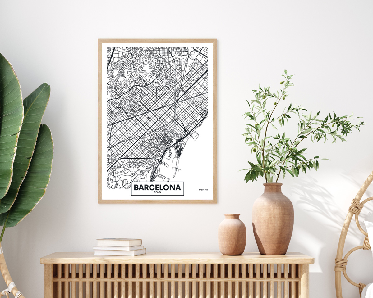 Plakat plan miasta Barcelona w drewnianej ramie, czarno-biała mapa