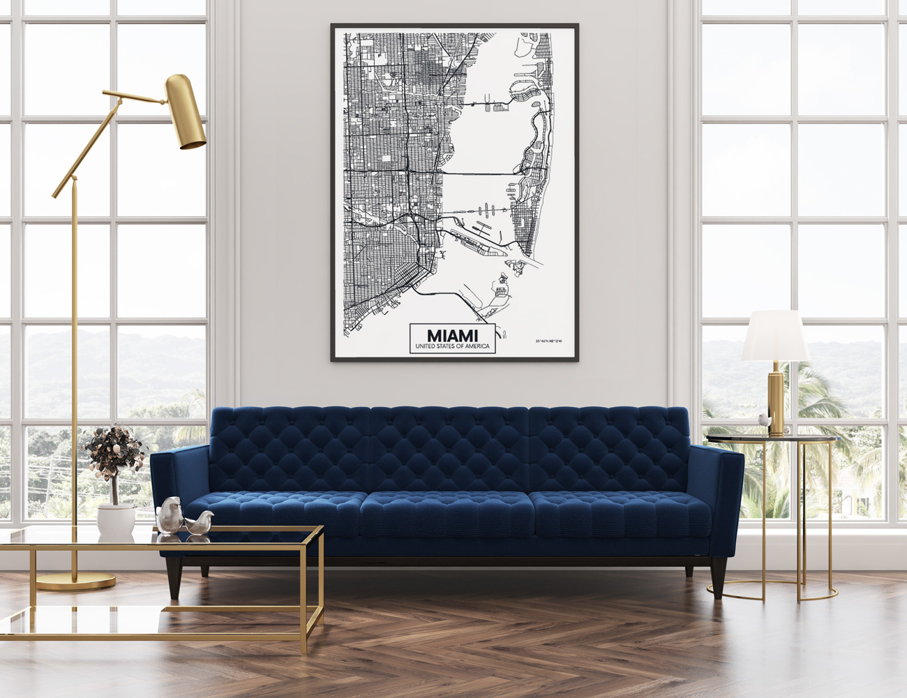Plakat plan miasta Miami, czarno-biały w czarnej ramie, salon